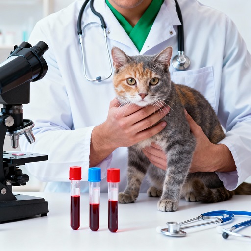 Анализ крови у кота - ветеринар с котом, лабораторные пробирки с кровью