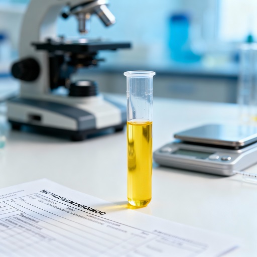 Анализ мочи у кошек и котов — лабораторная пробирка с мочой, показатели pH, белок, эритроциты