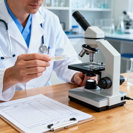 Ветеринар изучает образец мочи собаки в лабораторной пробирке на фоне микроскопа и бланка анализа