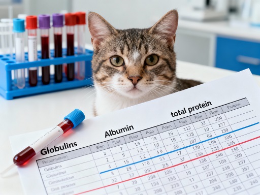 Ветеринар изучает биохимический анализ крови кошки с повышенным глобулином и соотношением альбумин/глобулин