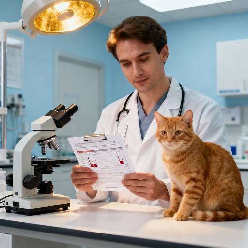 Ветеринар изучает общий анализ крови кошки с показателями лимфоцитов под микроскопом