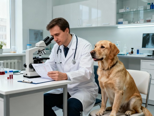 Ветеринар изучает общий анализ крови собаки с показателями лимфоцитов