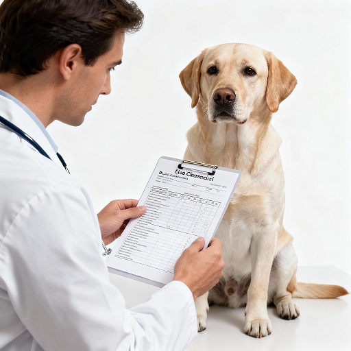 Ветеринар анализирует биохимический анализ крови собаки с показателями мочевины и креатинина